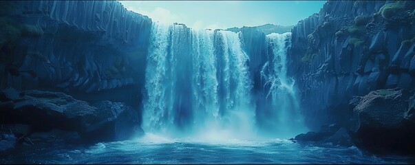 Poster - Wondrous awe watching a majestic waterfall cascade, 4K hyperrealistic photo