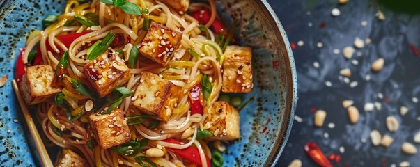 Wall Mural - Thai peanut noodles with vegetables and tofu, 4K hyperrealistic photo