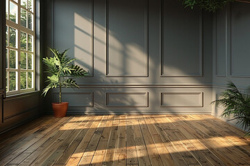 A 3D rendering of a vintage modern living room with an empty, dark gray-walled interior and wooden flooring 