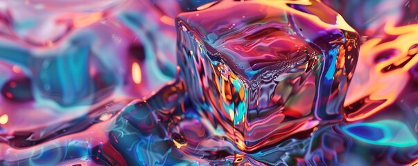 Wall Mural - Rippled liquid 3D cube with dynamic hues, 4K hyperrealistic photo