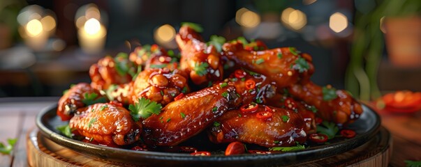 Wall Mural - Spicy chicken wings on serving platter, 4K hyperrealistic photo