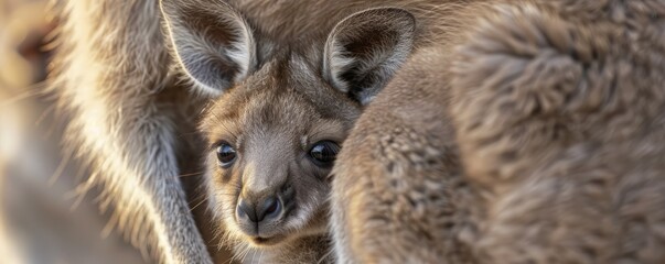 Wall Mural - Curious kangaroo joey peeking from mother's pouch, 4K hyperrealistic photo