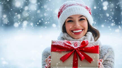 A smiling person holding a gift box with a bright red bow, standing against an isolated snowy white background, with ample space left for adding Christmas-themed text