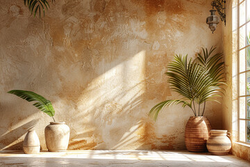 A 3D-rendered empty room interior with a beige stucco wall, vases, and a palm leaf creates a serene and minimalist background for various design and decor concepts in stock photography 