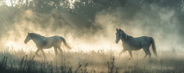 Playful ponies running in early morning mist, 4K hyperrealistic photo