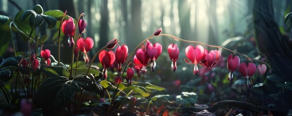 Wall Mural - Delicate bleeding hearts in a shaded woodland, 4K hyperrealistic photo