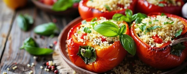 Wall Mural - Mediterranean stuffed peppers with couscous, 4K hyperrealistic photo