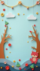 Paper craft art with trees, clouds, flowers, and a cat.