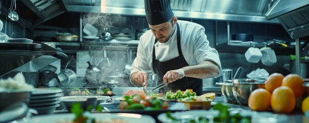 Experienced chef preparing a gourmet meal in the kitchen, 4K hyperrealistic photo