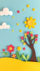 Wall Mural - Paper cut-out scene with a sun, clouds, stars, tree, and flowers on a blue background with a yellow hill.