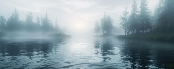 Wall Mural - Foggy lake with silhouettes of trees, 4K hyperrealistic photo