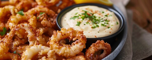 Wall Mural - Crispy fried calamari with aioli dip, 4K hyperrealistic photo