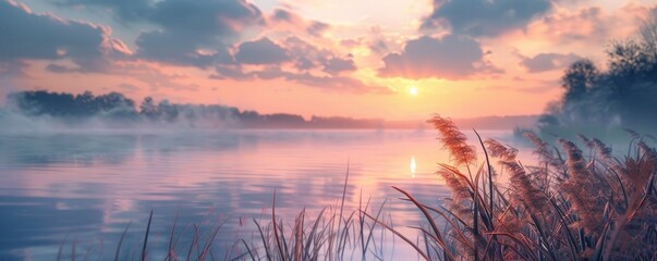 Wall Mural - Sunrise over a tranquil lake with reeds, 4K hyperrealistic photo,