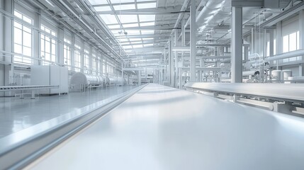 Modern Factory Interior with Conveyor Belt and Glass Roof