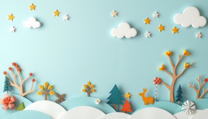 Wall Mural - Papercraft winter landscape with trees, deer, and stars.