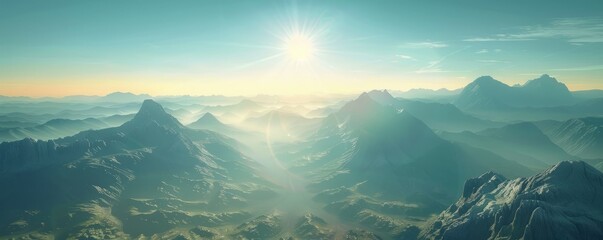 Majestic mountain range under a bright morning sun, 4K hyperrealistic photo,