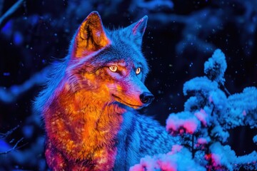 A stunning wolf illuminated by vibrant colors, set against a snowy backdrop, showcasing the beauty of wildlife in winter.