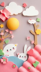 Colorful papercraft scene with cute animal characters, clouds, flowers and a sun on a pink background.