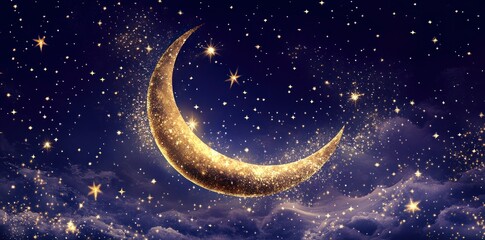 Wall Mural - A Glittering Crescent Moon and Stars in a Night Sky