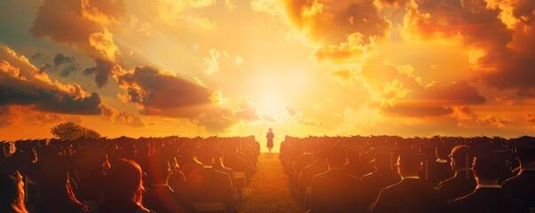 Graduation ceremony with a sunset backdrop, 4K hyperrealistic photo