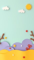 Wall Mural - Colorful paper cutouts with a blue sky, clouds, and stars.