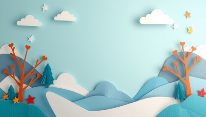 Wall Mural - Papercraft winter scene with trees, hills, and stars on a blue background.