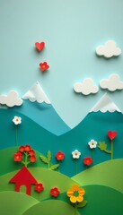 Wall Mural - Paper cut out scene with red house, mountains, flowers and clouds.