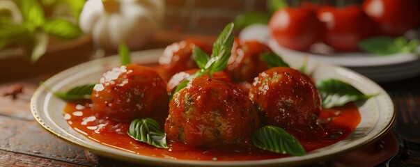 Wall Mural - Turkey meatballs in marinara sauce, 4K hyperrealistic photo