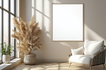 Poster Frame in Beige minimalist living room interior created with generative AI