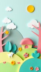 Wall Mural - Papercraft scene with a house, trees, flowers, a dog, clouds and a sun.