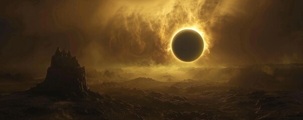 Wall Mural - Solar eclipse casting eerie glow, 4K hyperrealistic photo