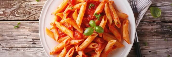 Sticker - Aerial perspective of a plate filled with homemade penne pasta accompanied by tomato sauce.