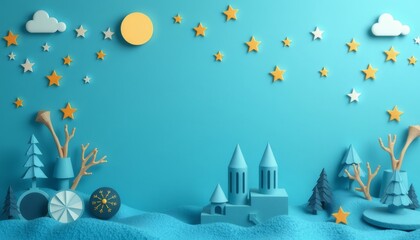 Wall Mural - A whimsical winter scene with blue trees and a castle on a blue background with stars and clouds.