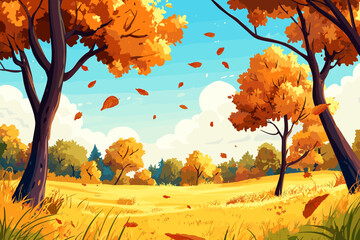 Illustration depicting a cartoon style autumn landscape background with trees rendered in cartoon