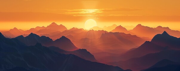 Poster - Sun rising behind silhouetted mountains, 4K hyperrealistic photo