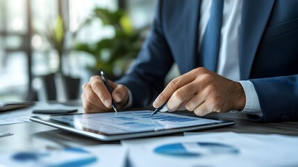 A sophisticated financial advisor presenting a detailed loan refinancing plan on a digital tablet in a modern office, with graphs and charts