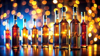 Wall Mural - Beautiful bokeh effect of backlit row of alcoholic bottles, bokeh, backlit, bottles, alcohol, row, light, glass