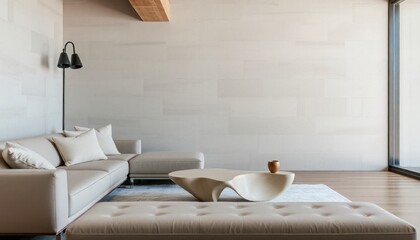 Wall Mural - a serene sitting area with plush cushions on a sleek couch, an organic-shaped coffee table set against the backdrop of a textured neutral wall and floor-to-ceiling window.