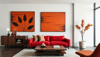 Wall Mural - a sophisticated space with clean lines, featuring wall art that combines organic forms in black on an earthy orange background