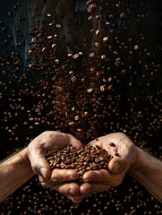 Wall Mural - two hands holding a lor of coffee beans, beans are falling down, a huge pile of beans, warm picture with generative ai