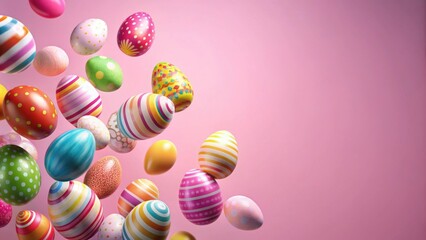 Wall Mural - Colorful Easter eggs flying over pink background , Easter, eggs, collage, pastel, pink, colorful, background