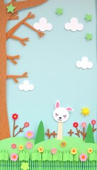 Wall Mural - Paper craft scene of a bunny with a brown tree and green grass on a light blue background.