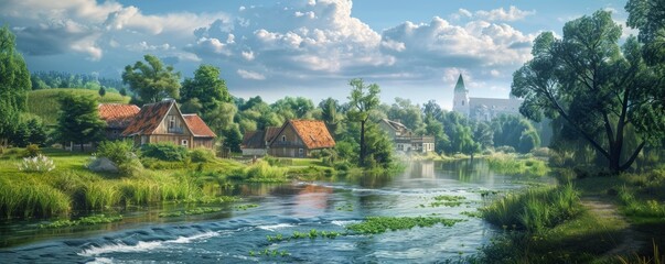 Wall Mural - Idyllic countryside with a quaint village by the river, 4K hyperrealistic photo,