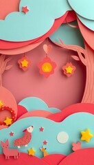 Wall Mural - Colorful paper cut-out art with a tree, stars, and animals in a pink and blue landscape.