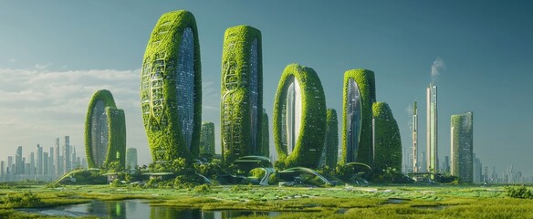 Futuristic Cityscape with Green-Covered Towers and Lush Grasslands