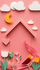 Wall Mural - Pink papercraft house with red bird, yellow moon, white clouds, and pink hearts.