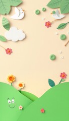 Wall Mural - Paper craft spring scene with birds, leaves, flowers and hills.