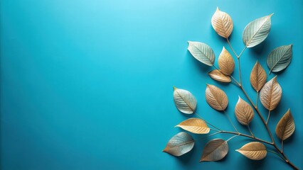 Wall Mural - Elegant arrangement of leaves on a blue background, leaves, elegant, decorations, nature, foliage, blue, background