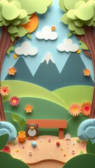 Wall Mural - Papercraft illustration of a penguin, flowers, mountains and a bench in a whimsical landscape.