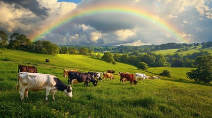 Wall Mural - Rainbow Over Green Pastures with Cows Grazing